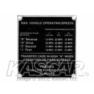 Plate, Instruction, Maximum Vehicle Operating Speeds